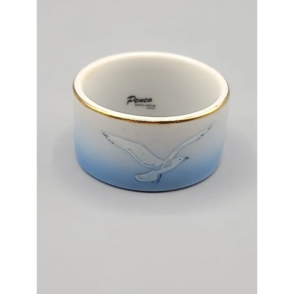 Vintage Penco Exclusive Seagull Porcelain Napkin Holder Blue Ombre Gold Rim Set